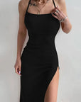 Sexy Black Long Bodycon Dress Women Summer Sleeveless Blackless Halter Neck Spaghetti Strap Dresses High Split Vestidos