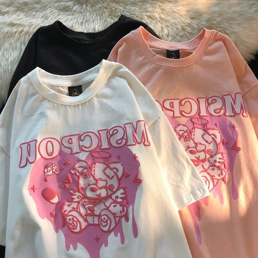 Kawaii Women's T Shirt Korean Pink Love Bear Print Short Sleeve T-Shirt Female Harajuku Tee Shirt Streetwear Tops Women Clothes