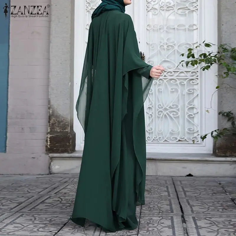 ZANZEA Fashion Summer Long Sundress Hijab Vestido 2pcs Women Long Sleeve Dress Party Kaftan Abaya