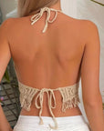 Backless Tank Boho Fringe Camisoles Embroidery Hollowed Tanks with Neck Hanging Summer Women's Intimates