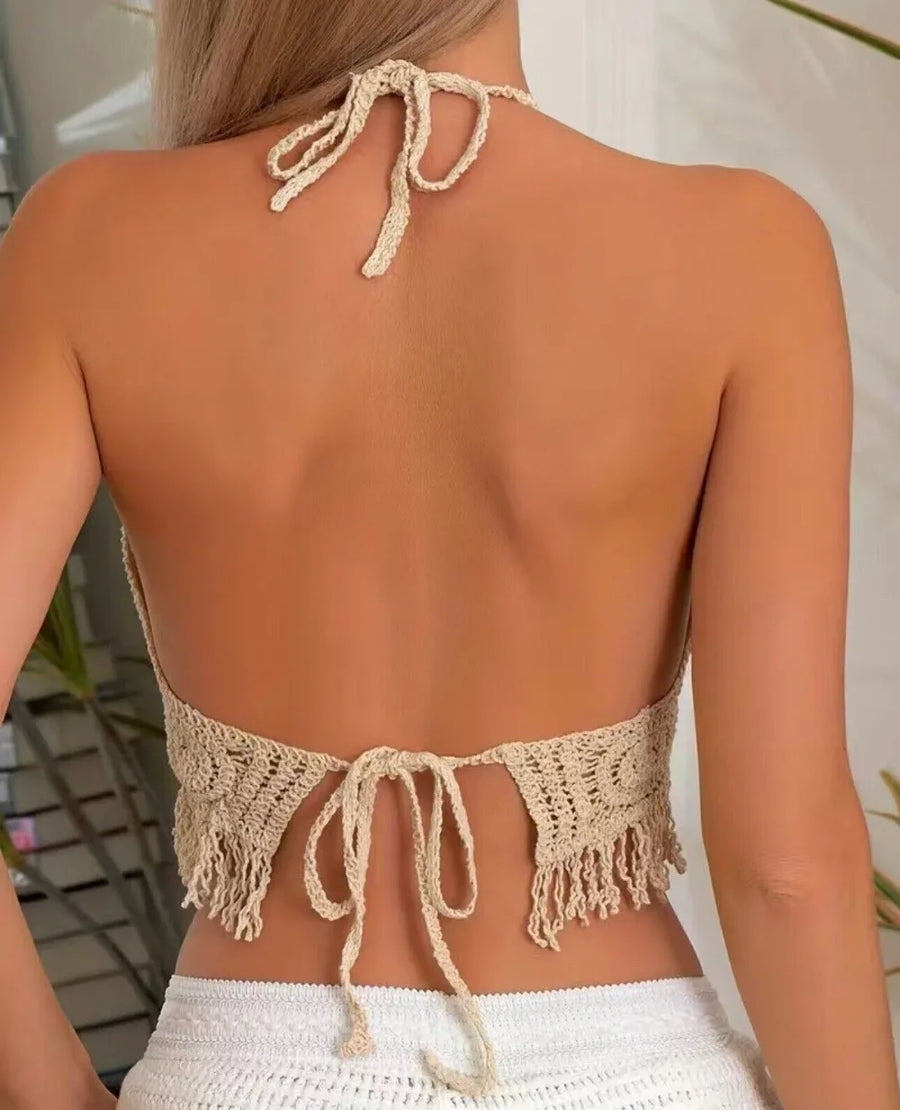 Backless Tank Boho Fringe Camisoles Embroidery Hollowed Tanks with Neck Hanging Summer Women's Intimates