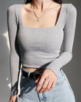 Women Cotton Ribbed Square Neck Crop Top With Long Sleeve