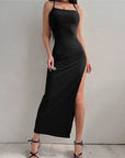 Sexy Black Long Bodycon Dress Women Summer Sleeveless Blackless Halter Neck Spaghetti Strap Dresses High Split Vestidos