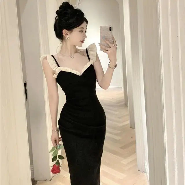 French Little Black Dress New Fashion Pure Desire Wood Ear Edge Sexy Wrapped Hip Split Dress Birthday Party Dress