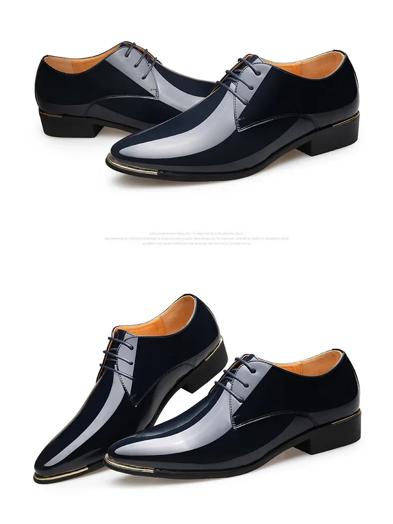 New Men’s Patent Leather Shoes  British Style Men's Dress Shoes Lace Up Pointed Toe Wedding Business Party Social Shoe Male