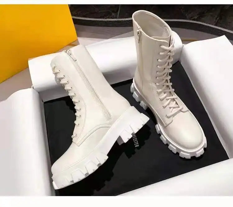 New Mid Calf Boots Women Autumn Winter Fashion Lace-up Ladies Chelsea Zipper Botas Mujer Boots Sports Platform Heel Ladies Shoes