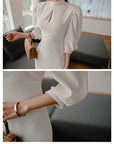 H Han Queen Hot sale Autumn Fashion Stand Collar Puff Sleeve Female Pencil bodycon Dress Slim Solid color Midi Casual Dresses