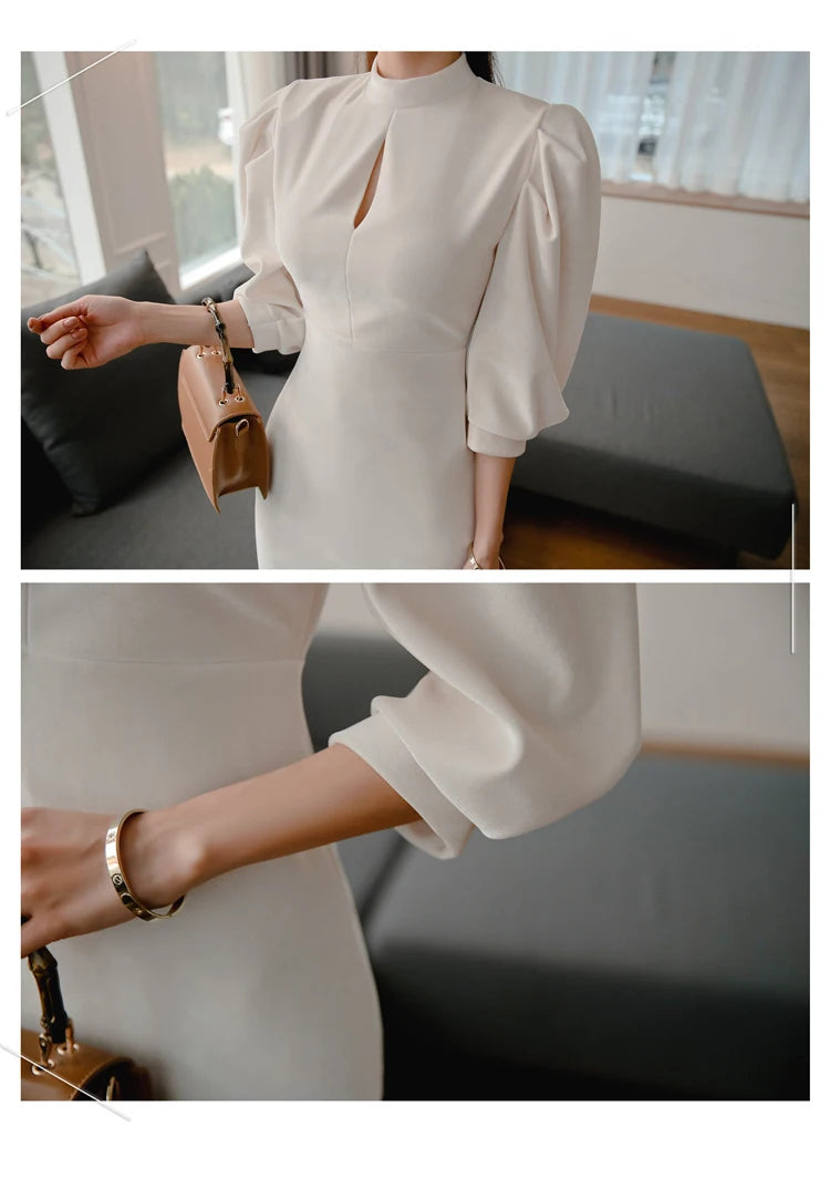 H Han Queen Hot sale Autumn Fashion Stand Collar Puff Sleeve Female Pencil bodycon Dress Slim Solid color Midi Casual Dresses