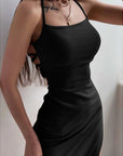 Sexy Black Long Bodycon Dress Women Summer Sleeveless Blackless Halter Neck Spaghetti Strap Dresses High Split Vestidos