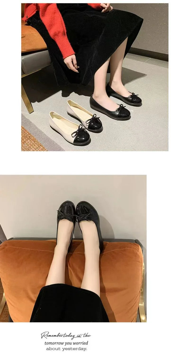 Ballerina Women's Flat Shoes Comfort Non-slip Ladies Loafers Leather Flats Elegant Bowknot Women's Single Shoes Mother's Shoes