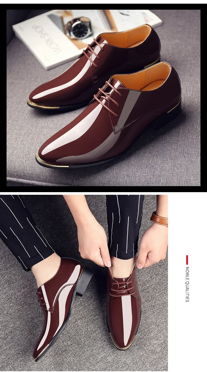 New Men’s Patent Leather Shoes  British Style Men's Dress Shoes Lace Up Pointed Toe Wedding Business Party Social Shoe Male