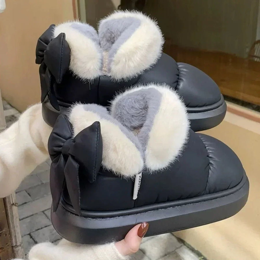 Bow Cotton Shoe Waterproof Plush Boots New Women Cute Warm Ankle Boots Ladies Outdoor Non-slip Thick Sole Snow Boot Furry