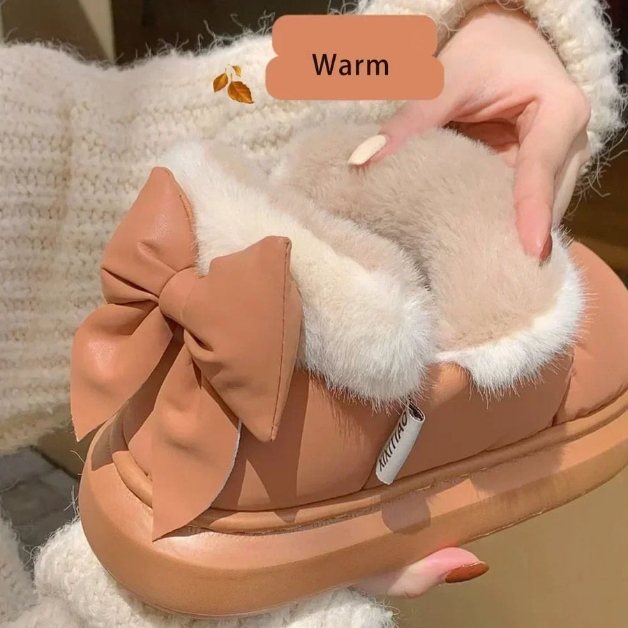 Bow Cotton Shoe Waterproof Plush Boots New Women Cute Warm Ankle Boots Ladies Outdoor Non-slip Thick Sole Snow Boot Furry