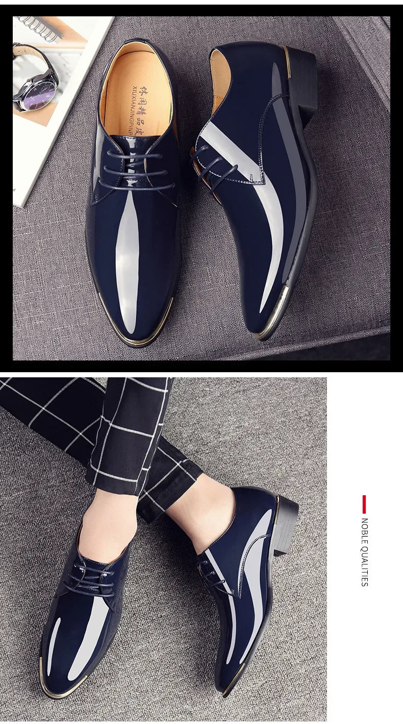 New Men’s Patent Leather Shoes  British Style Men's Dress Shoes Lace Up Pointed Toe Wedding Business Party Social Shoe Male