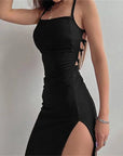 Sexy Black Long Bodycon Dress Women Summer Sleeveless Blackless Halter Neck Spaghetti Strap Dresses High Split Vestidos