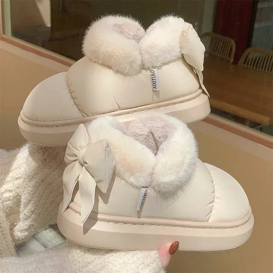 Bow Cotton Shoe Waterproof Plush Boots New Women Cute Warm Ankle Boots Ladies Outdoor Non-slip Thick Sole Snow Boot Furry