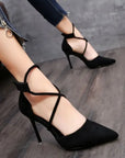 New Cross-strap Roman Sandals Suede High Heels Women's Shoes One-line Buckle Fine Heel