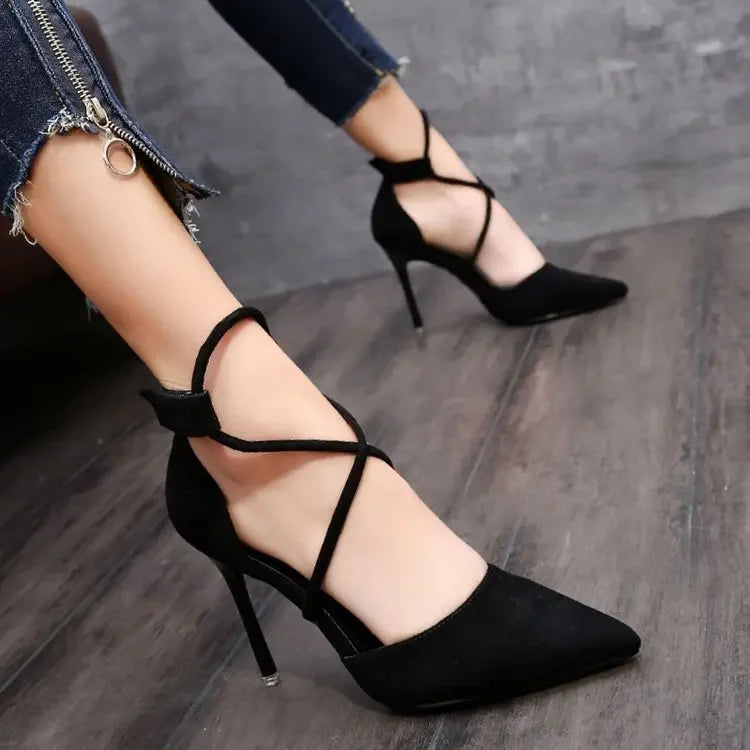 New Cross-strap Roman Sandals Suede High Heels Women's Shoes One-line Buckle Fine Heel