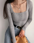 Women Cotton Ribbed Square Neck Crop Top With Long Sleeve