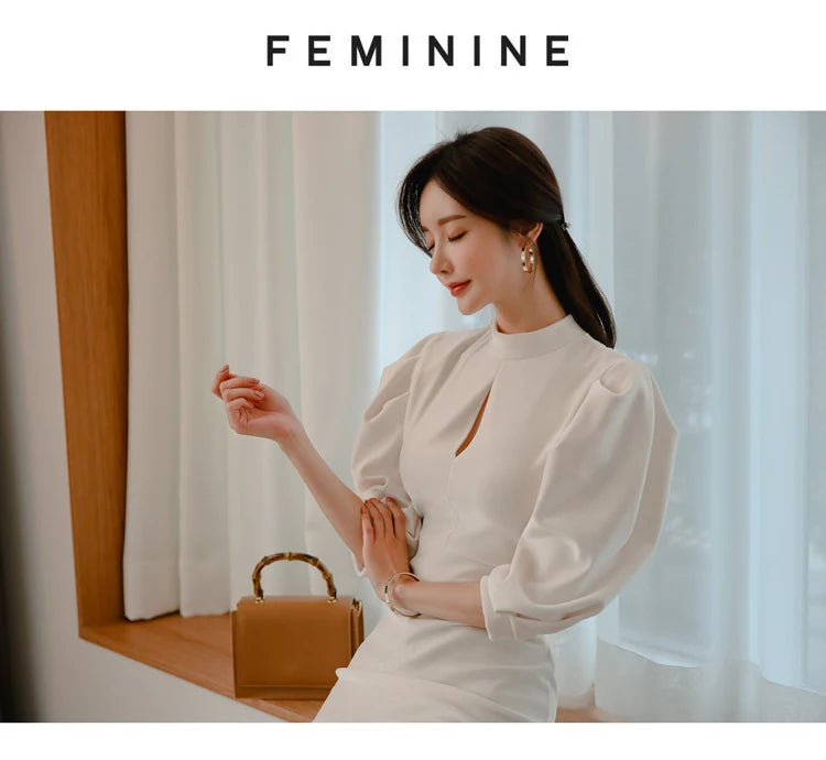 H Han Queen Hot sale Autumn Fashion Stand Collar Puff Sleeve Female Pencil bodycon Dress Slim Solid color Midi Casual Dresses