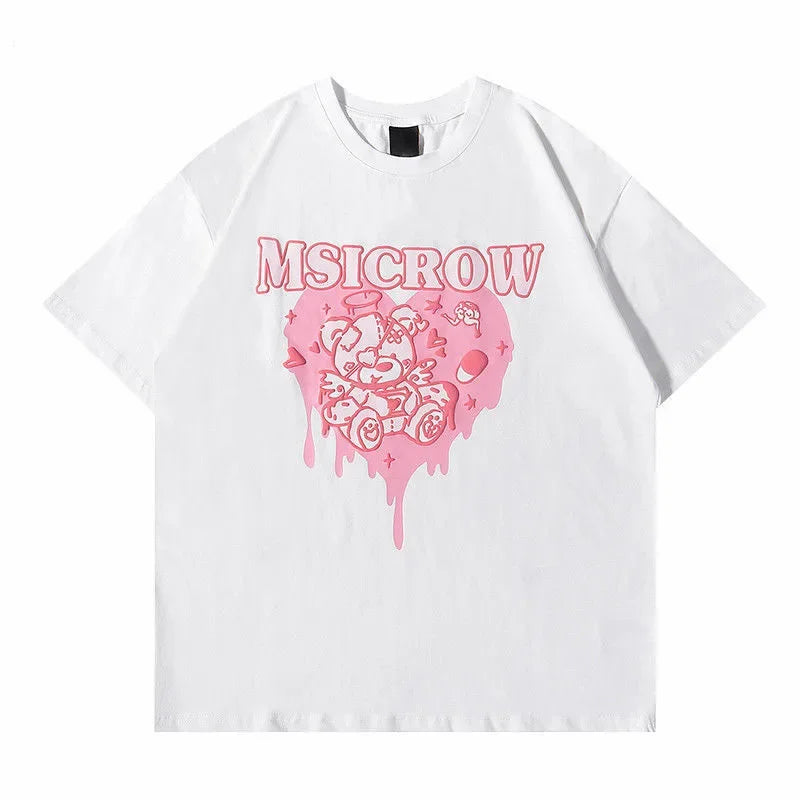 Kawaii Women's T Shirt Korean Pink Love Bear Print Short Sleeve T-Shirt Female Harajuku Tee Shirt Streetwear Tops Women Clothes