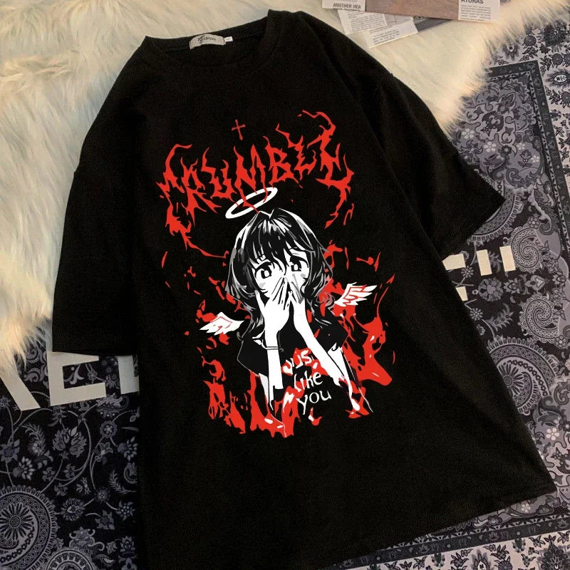 Gothic Punk Cartoon Short Sleeve Women T-Shirt O-Neck Harajuku Ulzzang Hip Hop Loose Casual Streetwear Aesthetic Clothes