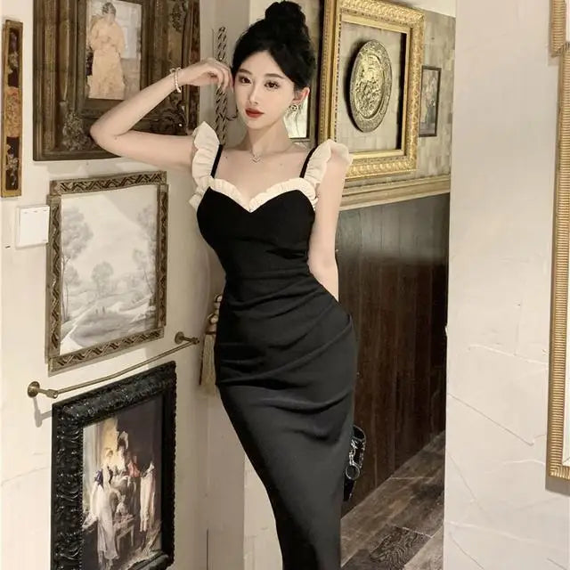 French Little Black Dress New Fashion Pure Desire Wood Ear Edge Sexy Wrapped Hip Split Dress Birthday Party Dress