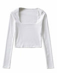 Women Cotton Ribbed Square Neck Crop Top With Long Sleeve