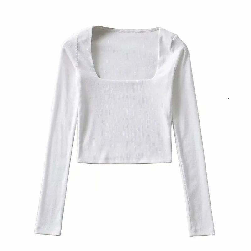 Women Cotton Ribbed Square Neck Crop Top With Long Sleeve