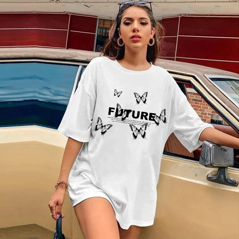 Oversized T Shirt Women Butterfly Letter Print T Shirts Short Sleeve Tee Shirt Tops Casual Harajuku T Shirt Women Clothes