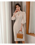 H Han Queen Hot sale Autumn Fashion Stand Collar Puff Sleeve Female Pencil bodycon Dress Slim Solid color Midi Casual Dresses