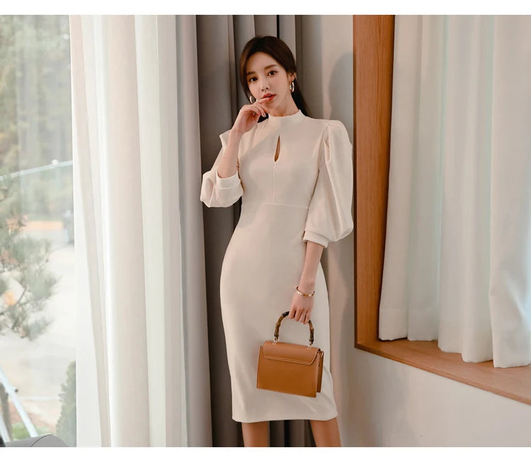 H Han Queen Hot sale Autumn Fashion Stand Collar Puff Sleeve Female Pencil bodycon Dress Slim Solid color Midi Casual Dresses