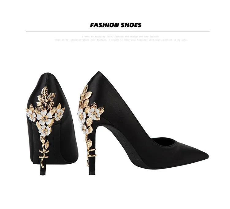 Women's Metal Flowers Stiletto High-heel Shoes Female New Light Luxury Sexy Fashion Wedding Shoes Pointed Toe Satin Single Shoes