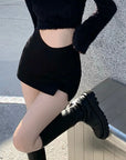 Black Split Mini Skirts Women High Waist Slit Skirt Streetwear Fashion Irregular Slim A Line Skirt