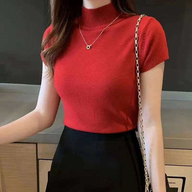 Women's Half-High Neck T-Shirt Fashion Jumper Style Elegant Solid-Coloured Clothing Spring And Summer Season