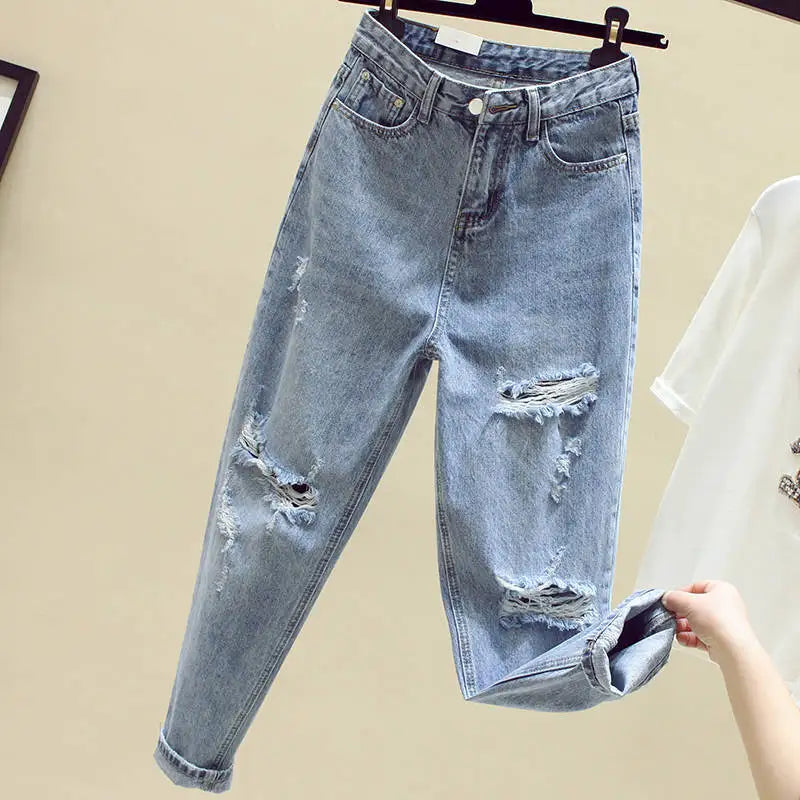 woman jeans autumn/winter Light color loose straight tall waist hollow out fashion woman's Trousers dropshipping WBX1004