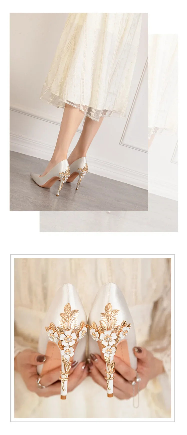 Women's Metal Flowers Stiletto High-heel Shoes Female New Light Luxury Sexy Fashion Wedding Shoes Pointed Toe Satin Single Shoes