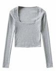 Women Cotton Ribbed Square Neck Crop Top With Long Sleeve