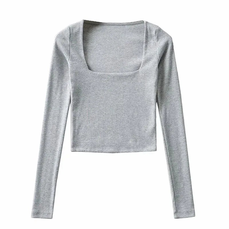 Women Cotton Ribbed Square Neck Crop Top With Long Sleeve