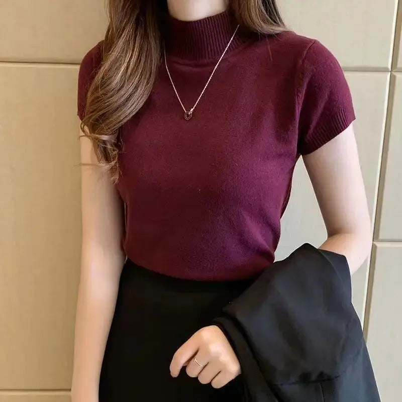 Women's Half-High Neck T-Shirt Fashion Jumper Style Elegant Solid-Coloured Clothing Spring And Summer Season