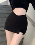 Black Split Mini Skirts Women High Waist Slit Skirt Streetwear Fashion Irregular Slim A Line Skirt