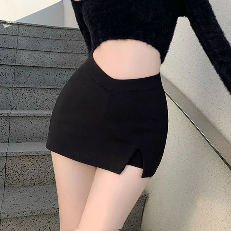 Black Split Mini Skirts Women High Waist Slit Skirt Streetwear Fashion Irregular Slim A Line Skirt