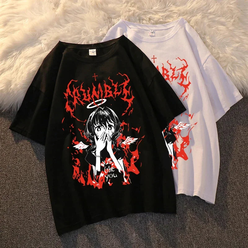 Gothic Punk Cartoon Short Sleeve Women T-Shirt O-Neck Harajuku Ulzzang Hip Hop Loose Casual Streetwear Aesthetic Clothes