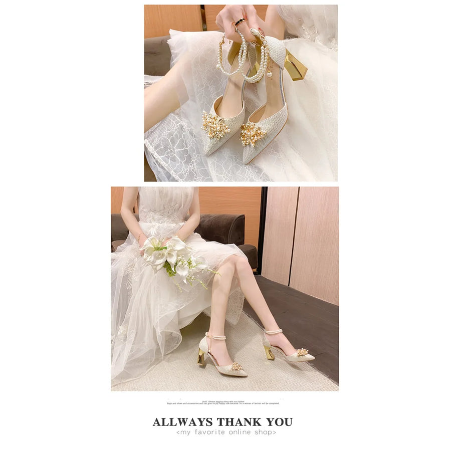 Shoes Women Summer High Heels Women Wedding Shoes Luxury Bride Gold Heels Mary Jane Shoes Ladies Pumps Sandals Zapatos De Mujer