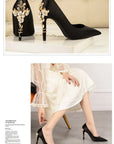 Women's Metal Flowers Stiletto High-heel Shoes Female New Light Luxury Sexy Fashion Wedding Shoes Pointed Toe Satin Single Shoes