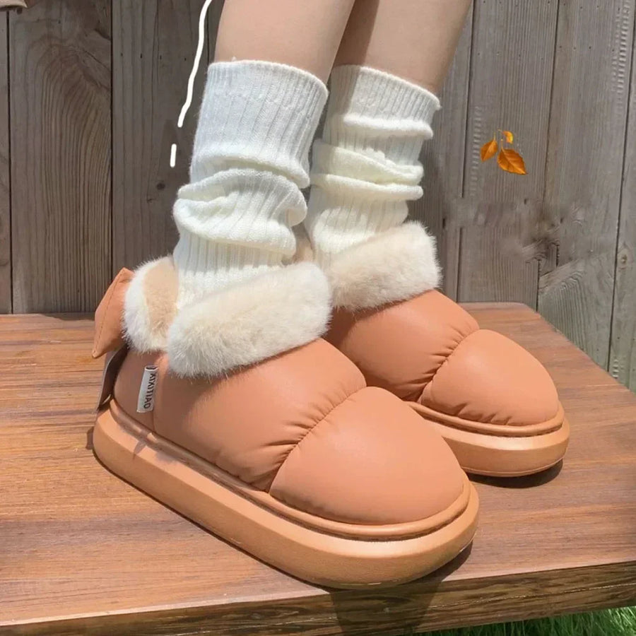 Bow Cotton Shoe Waterproof Plush Boots New Women Cute Warm Ankle Boots Ladies Outdoor Non-slip Thick Sole Snow Boot Furry