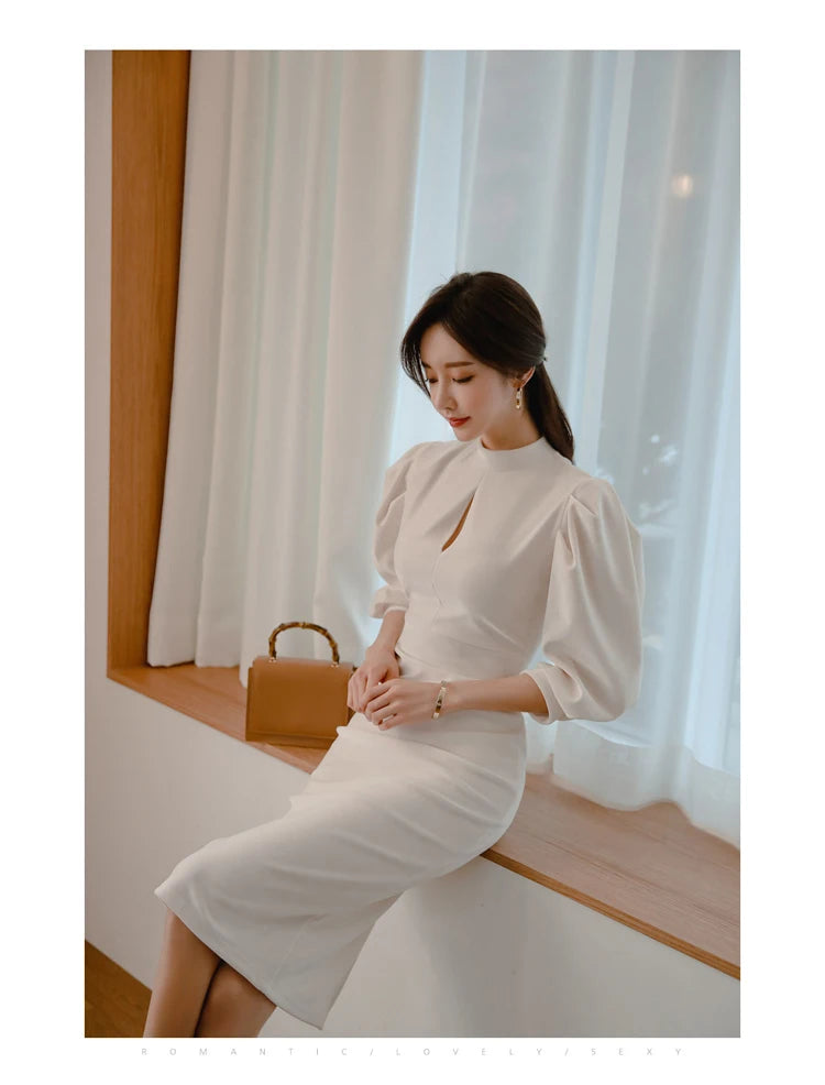 H Han Queen Hot sale Autumn Fashion Stand Collar Puff Sleeve Female Pencil bodycon Dress Slim Solid color Midi Casual Dresses