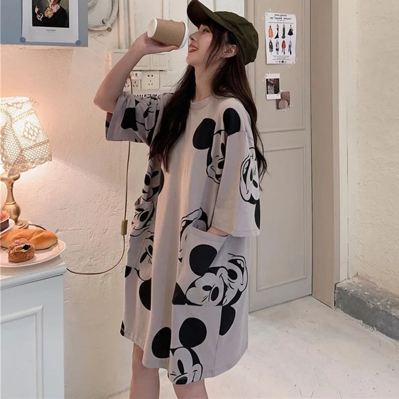 Summer T-shirt Dress Women Cartoon Print Disney Casual Short Sleeve Tee Dresses New Trendy Clothes Vestidos ins loose plus sizes