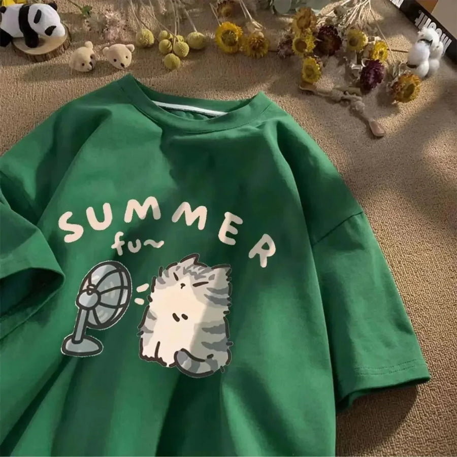 Summer Cat Print Funny Kids Woman Tees T-shirt Cotton Boys Girls Short Sleeve Korean Kpop Clothes Casual Oversized Free Shipping