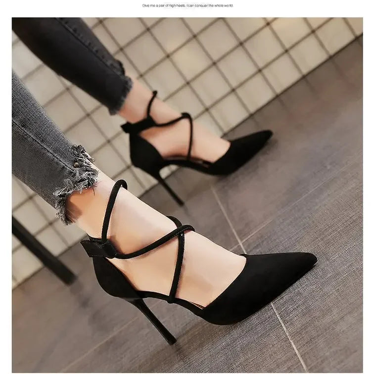 New Cross-strap Roman Sandals Suede High Heels Women's Shoes One-line Buckle Fine Heel